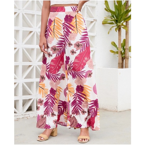 Boho Floral Tropical Print Wide Leg Palazzo Pants - Picture 4 of 8